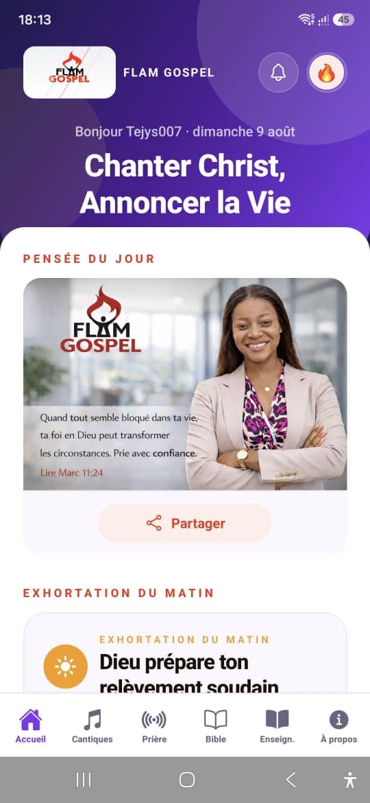 Aperçu de l'application FLAM GOSPEL sur un smartphone